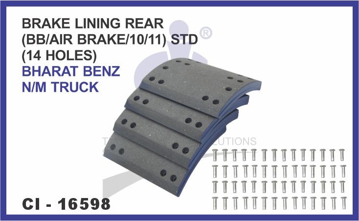 BRAKE LINING REAR SET OF 4 PCS (BB/AIR BRAKE/10/11) STD (14 HOLES) BHARAT BENZ N/M TRUCK