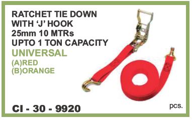 RATCHET TIE DOWN W/J HOOK 25MM 10 MTR 1 TON RED-ORANGE