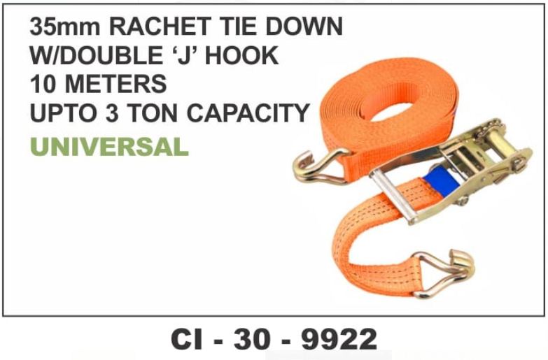 RATCHET TIE DOWN W/DOUBLE J HOOK 35MM 10 MTR 3 TON