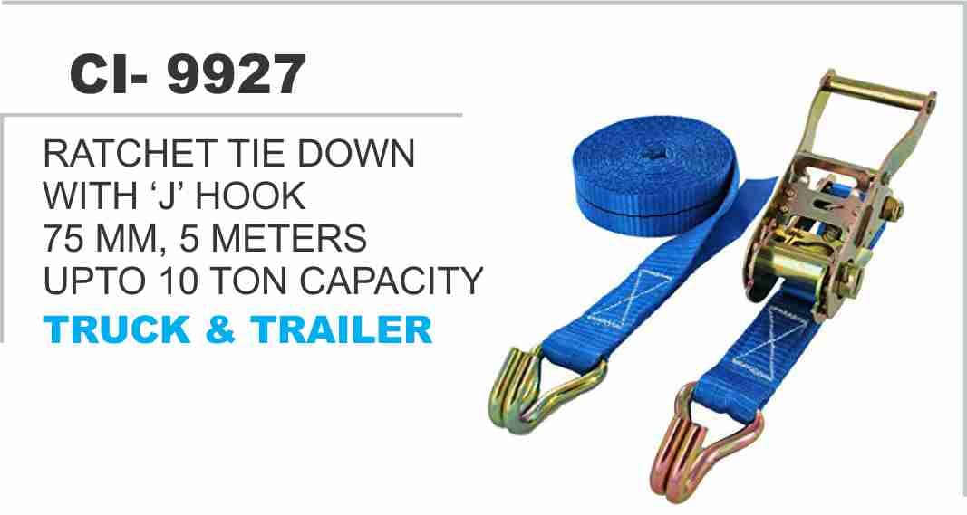 RATCHET TIE DOWN W/J HOOK 75MM 5 MTR 10 TON