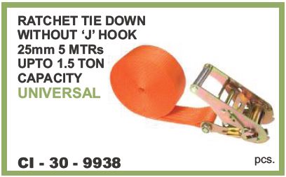 RATCHET TIE DOWN W/O J HOOK 25MM 5 MTR 1.50 TON